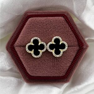 18K Gold Plated over 925 Sterling Silver Luxury Black Onyx Clover Stud Earrings